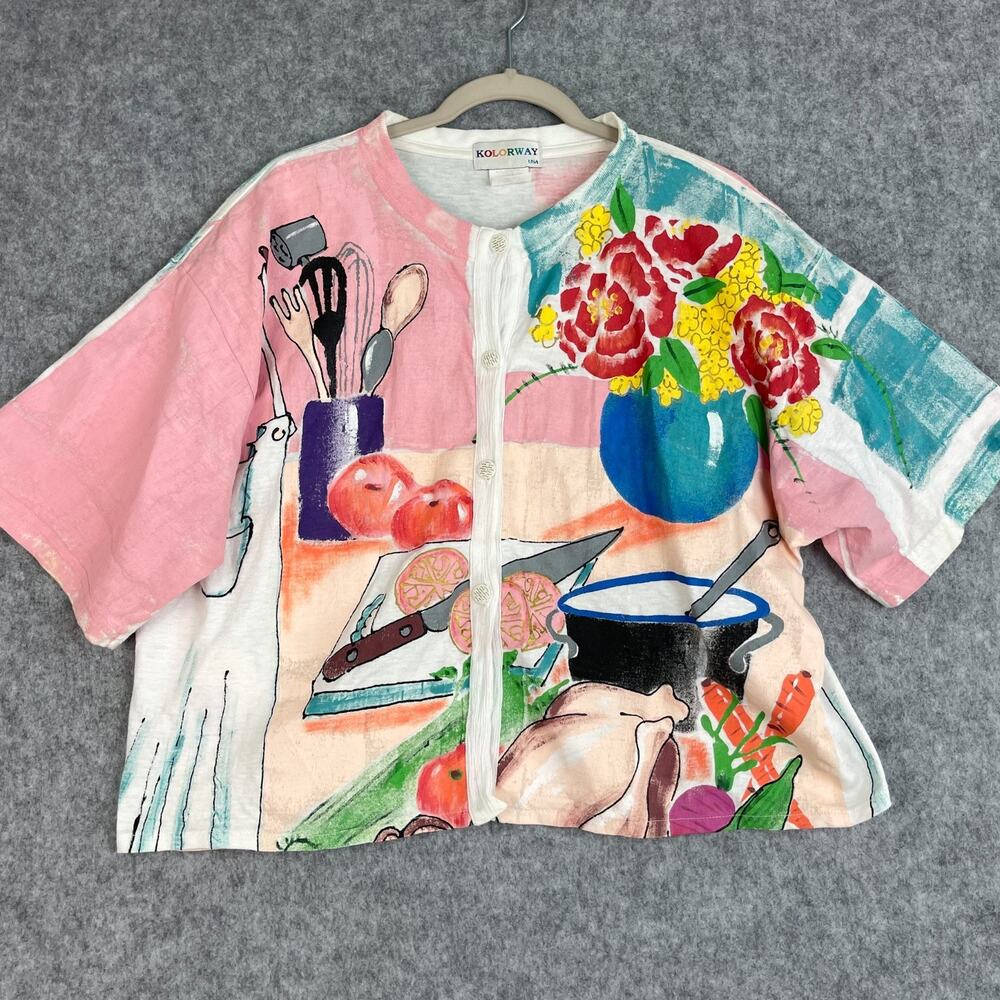 VTG Kolorway Handpainted Cardigan Womens L/XL Kitchen Short Sleeve Artsy‎ USA